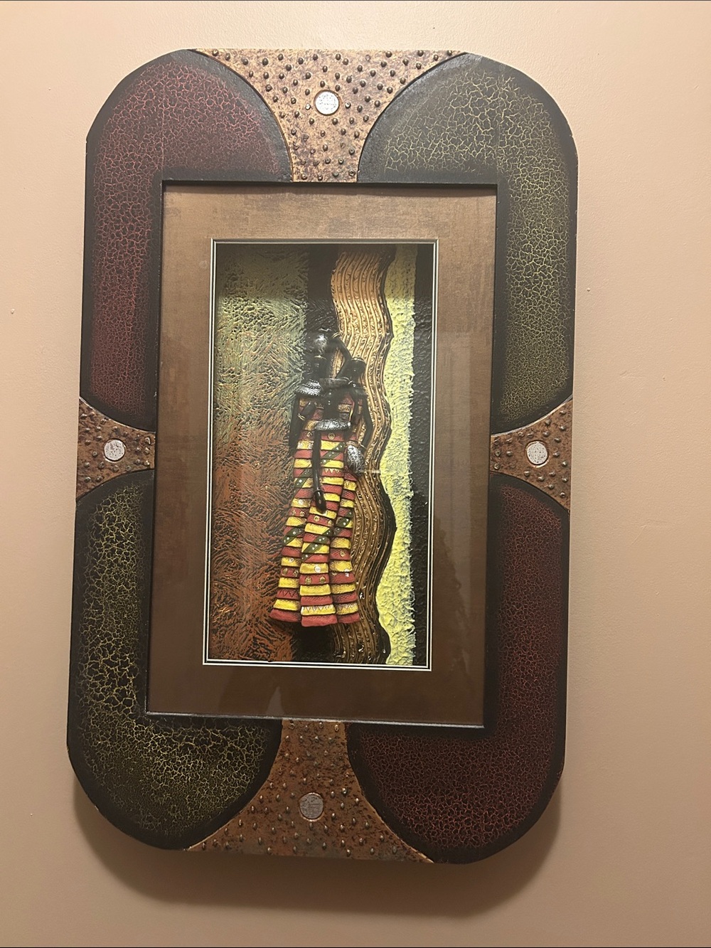 Framed African Woman Wall Art in Earthy Red, Yellow & Brown